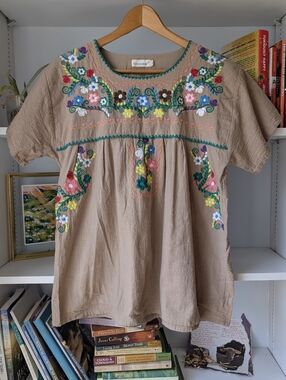 Embroidered Short-Sleeve Brown Floral Peasant Top Size XXL Boho Hippie Summer